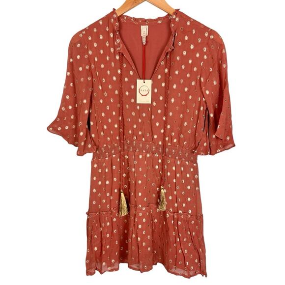 NWT Anthropologie Raga Kenna Polka Dot Tiered Mini Dress Dusty Pink Metallic S - Picture 2 of 10